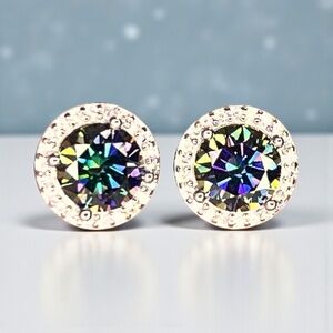 Mystic Moissanite Earrings Handcrafted in Halo Settings in Sterling Silver